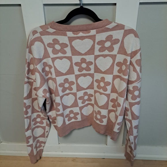Debut Pink & White Heart and Flower Checkered Sweater – Size L - Picture 3 of 5